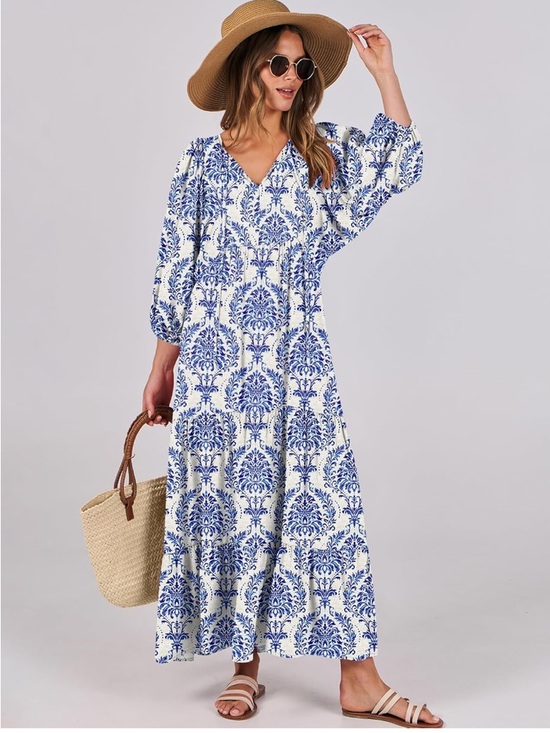 blue and white block print dress Blue Block Print Floral Lily Dress Navy Floral / x-small
